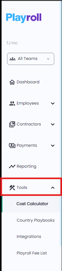 Playroll dashboard highlighting the Tools section