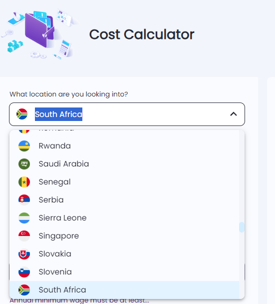 Drop-down country selector in cost calculator