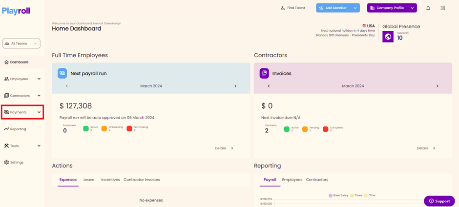Payments section highlighted on Playroll dashboard