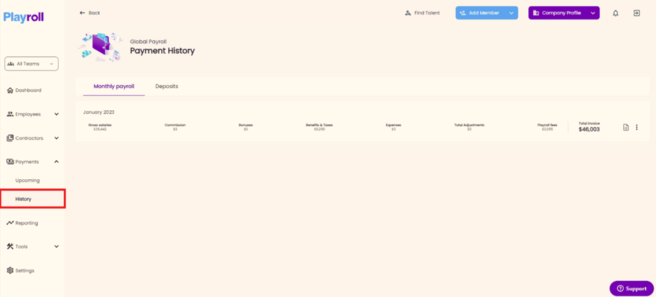 History option under Payments dropdown