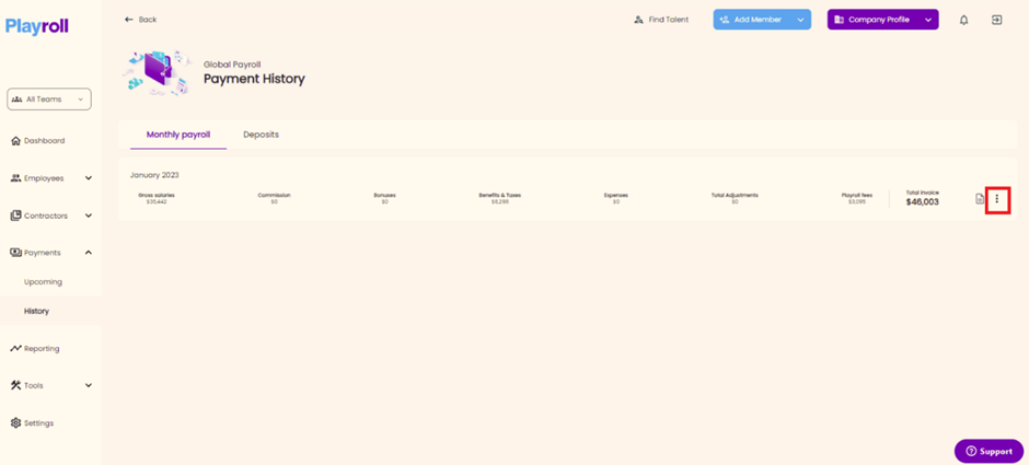 Three-dot menu to access more options for payroll records