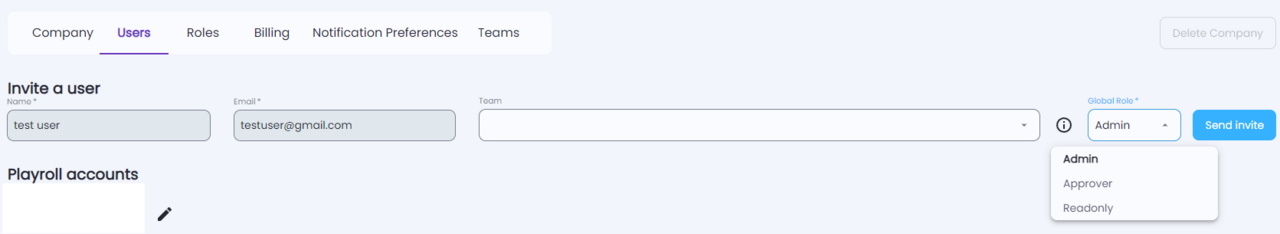User role selection options in the Playroll platform
