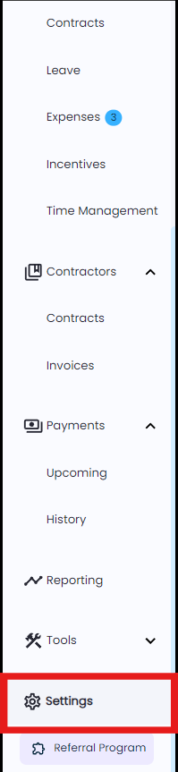 Settings menu highlighted in Playroll navigation panel