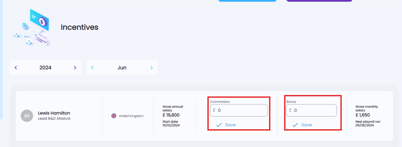 Input fields for bonus or commission entry for a selected employee