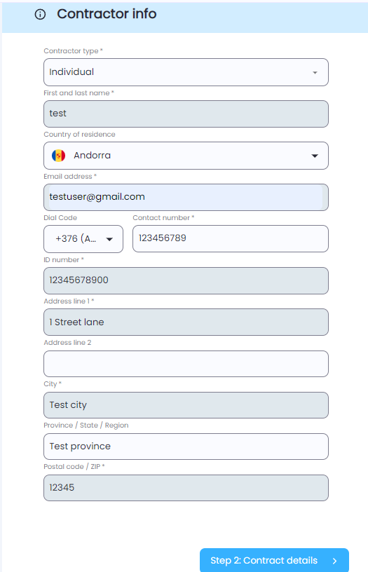 Form fields to input contractor information in Playroll
