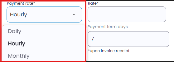 Dropdown menu displaying daily, monthly, and hourly options for payment frequency