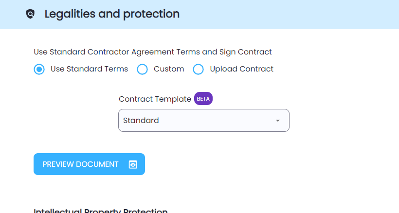 Option to select between standard and custom contractor agreements in Playroll