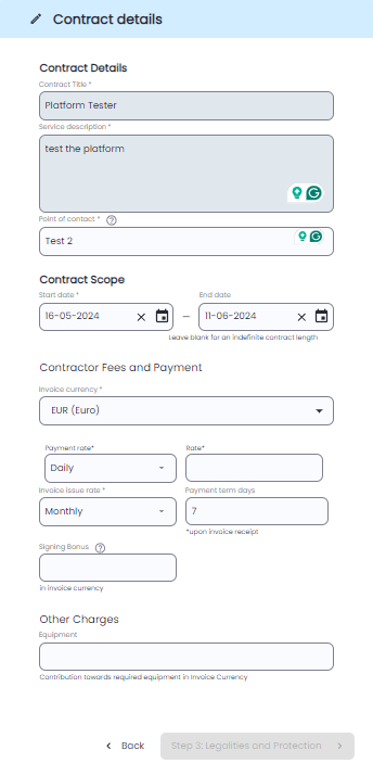Contract details entry screen showing fields for start and end dates