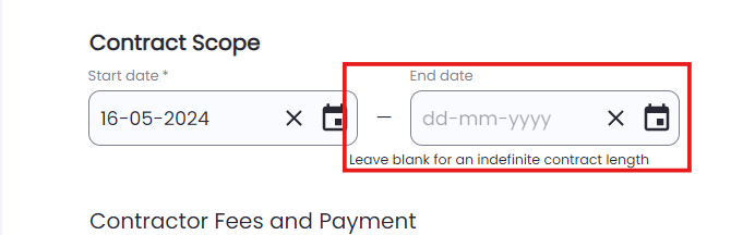 Field showing optional contract end date for indefinite terms