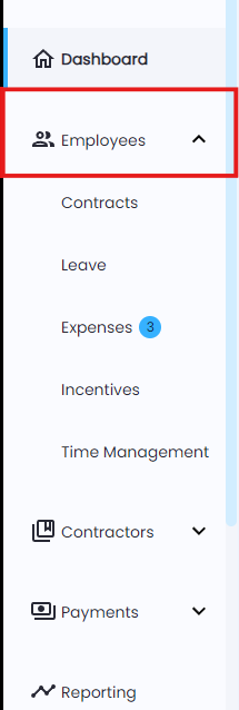 Employees dropdown menu in the Playroll platform navigation panel