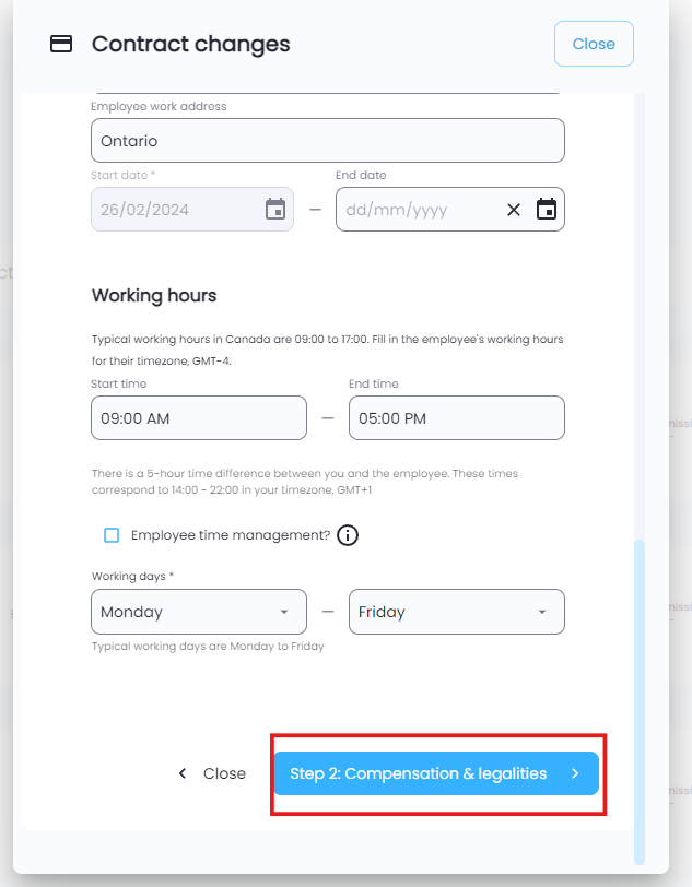 Step 2: Compensation & Legalities section in contract editor