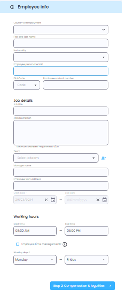 Step 1 of the employee onboarding form showing personal information fields