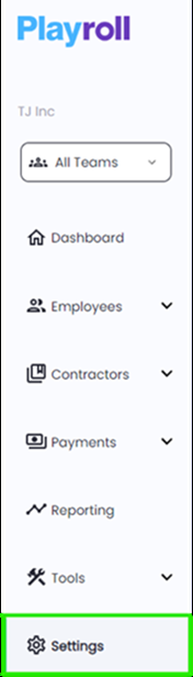 Settings tab selected in the Playroll navigation panel