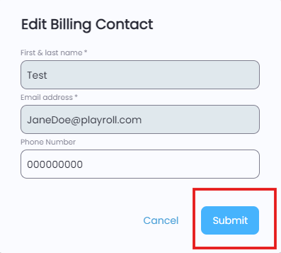 Pop-up window to edit billing contact details