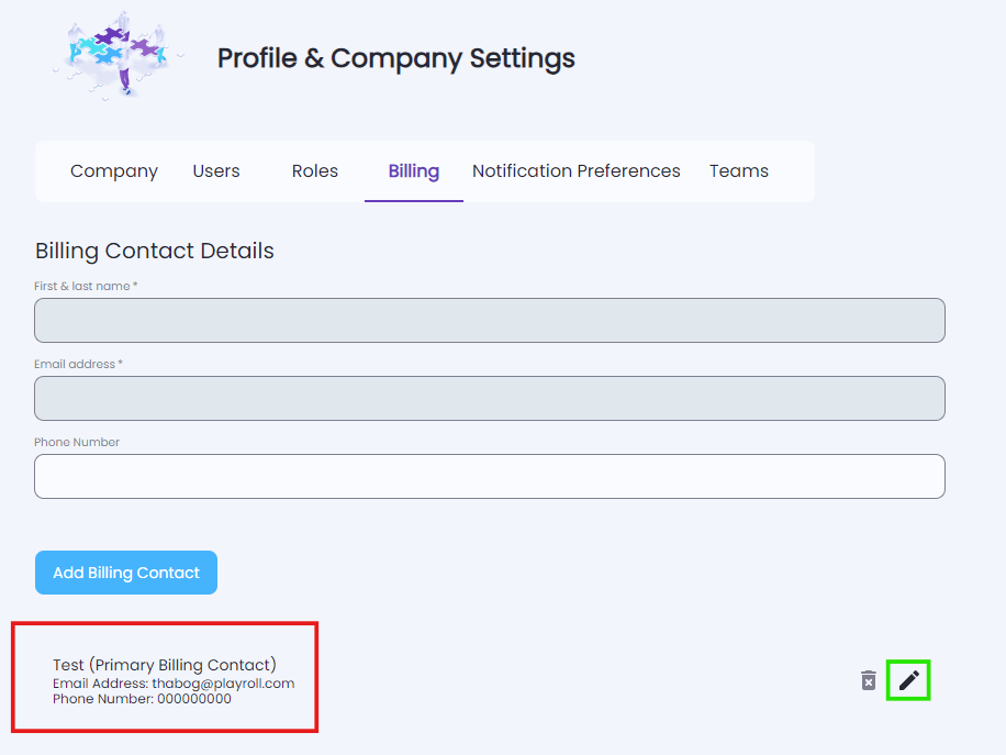Billing contact section showing pencil icon for editing