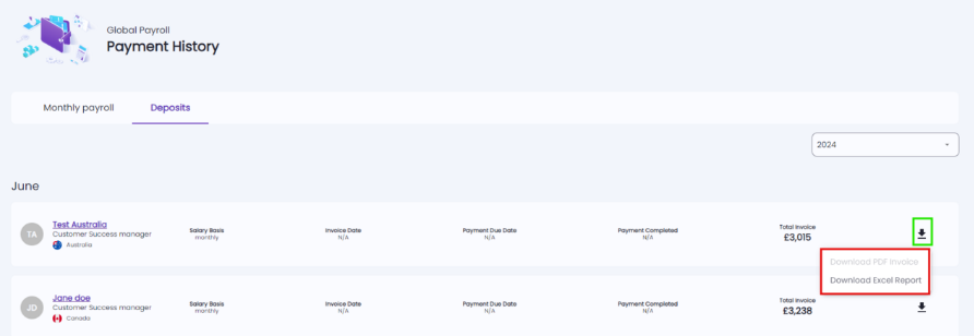 List of deposits with file format options for export