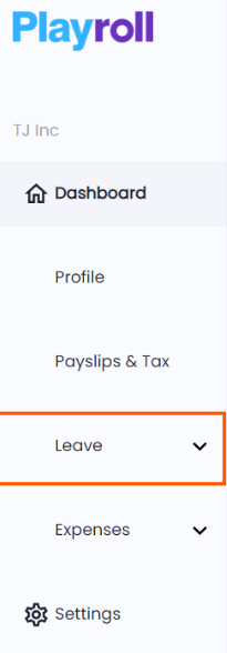 Navigation panel showing Leave dropdown selected in Playroll