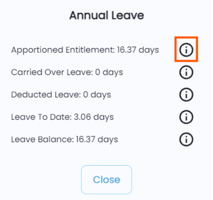 Information icon to view leave cycle details in Playroll