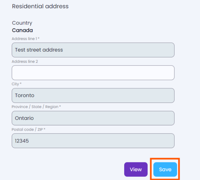 Address input fields with Save button highlighted in Playroll