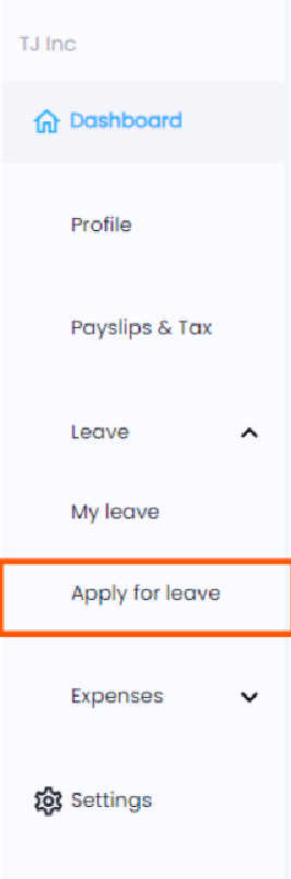 Dropdown menu with Apply for Leave tab selected