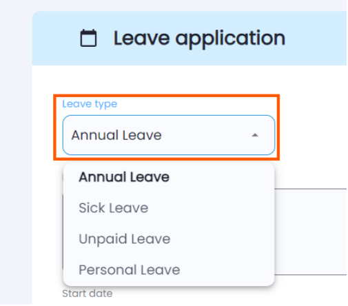Dropdown menu with leave type options in Playroll