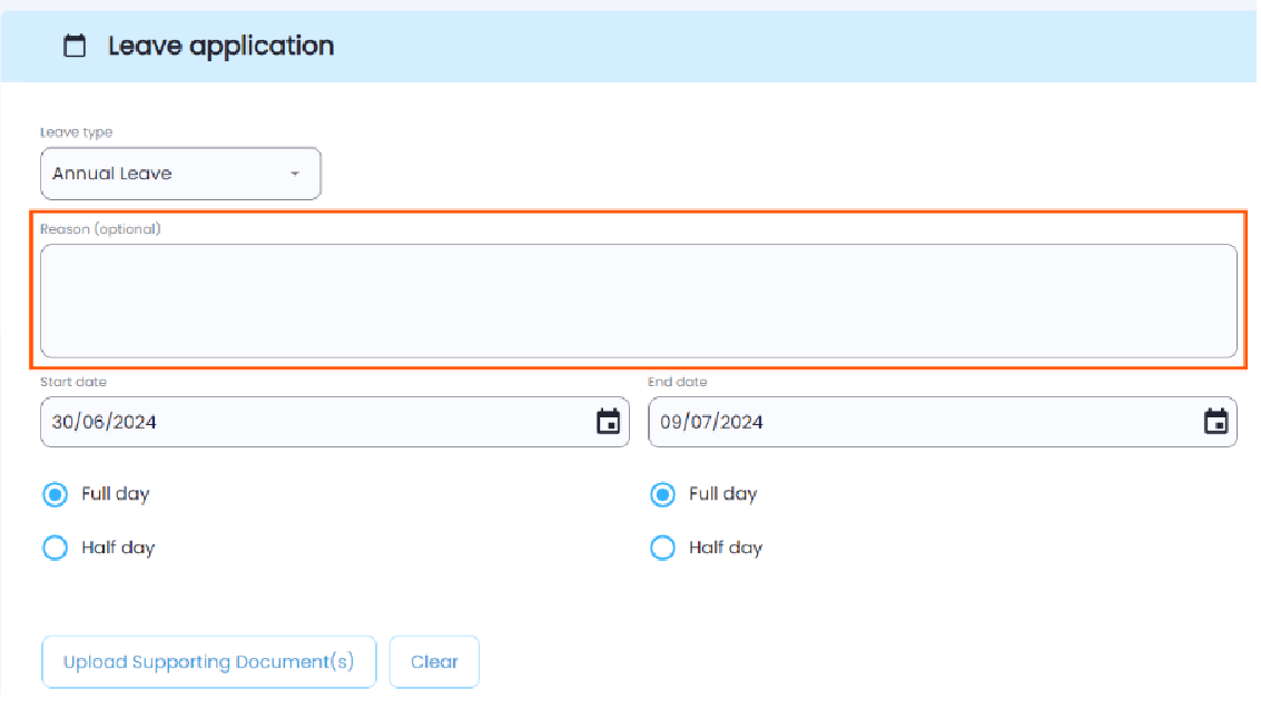 Reason input box for leave request in Playroll