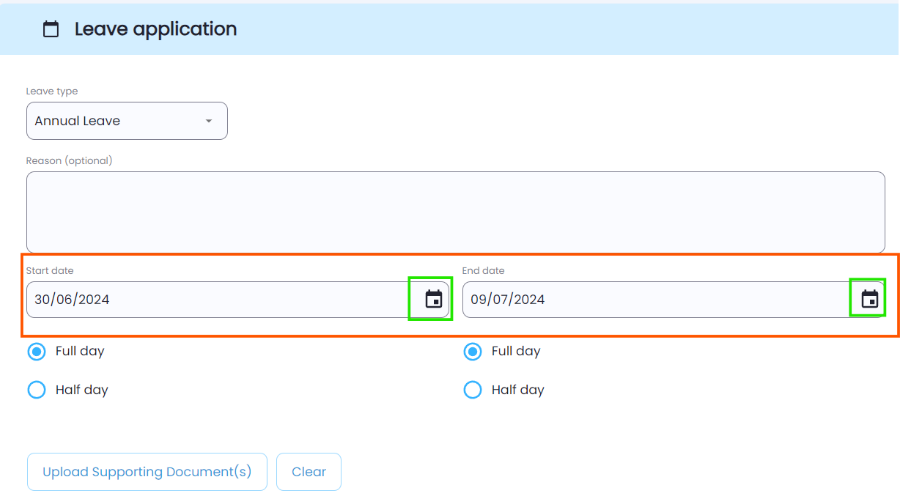 Calendar date selection for leave start and end in Playroll