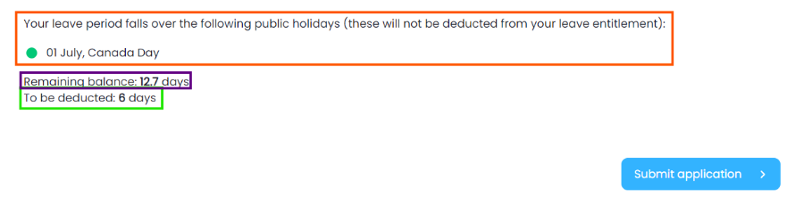 Leave summary panel showing deduction, balance, and public holiday alert