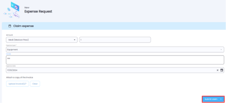 Expense claim form with 'Submit Claim' button highlighted