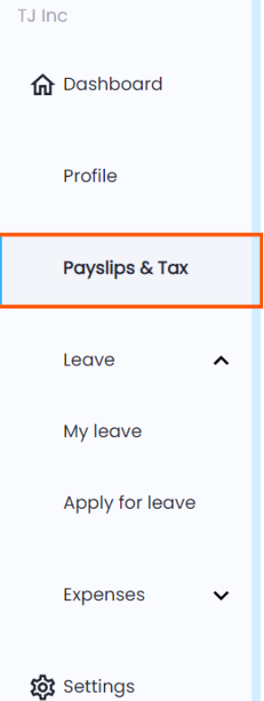 Navigation panel showing selection of 'Payslips & Tax'