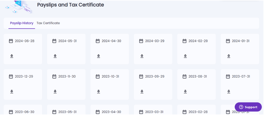 List of available payslips with download option in Playroll