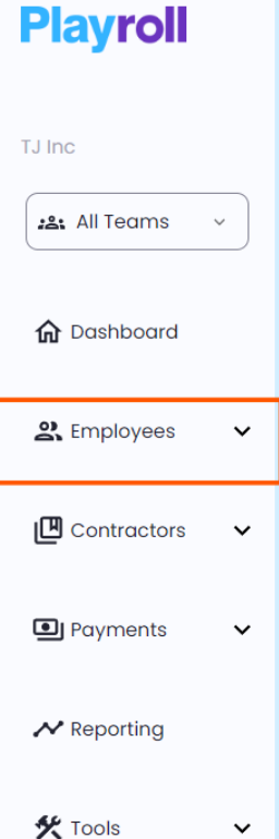 Navigation panel highlighting 'Employees' dropdown in Playroll