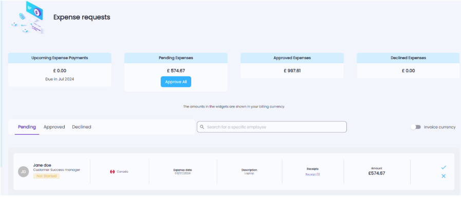 List of expense requests waiting for approval in Playroll