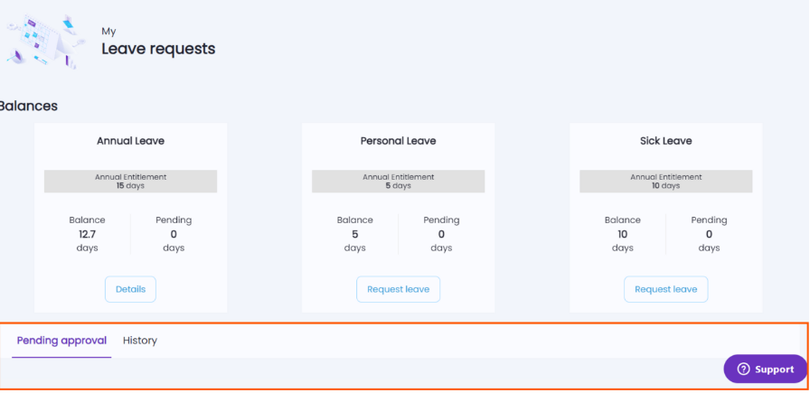 Pending leave requests section at the bottom of the leave summary