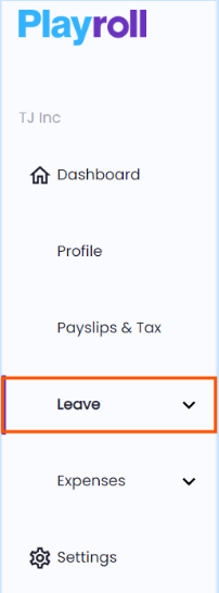 Navigation panel with 'Leave' dropdown highlighted in Playroll