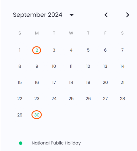 Leave application calendar with public holidays highlighted in green