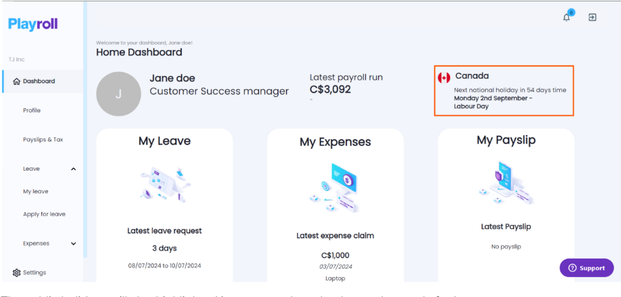 Dashboard showing upcoming public holiday notification