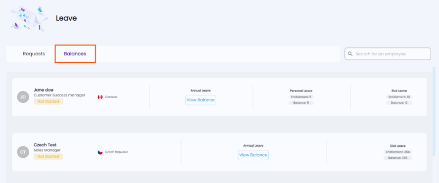 Balances tab showing summary of employee leave days