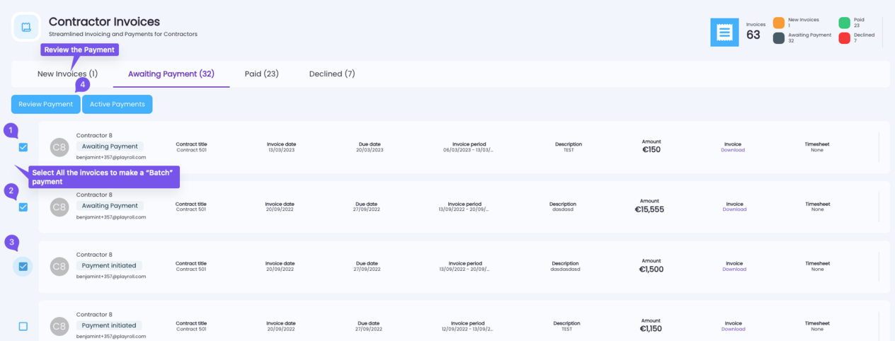 Selecting multiple invoices for batch payment