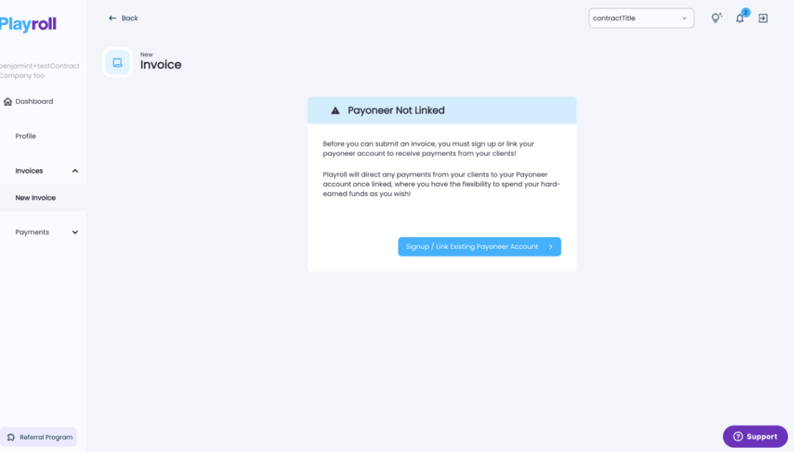 Prompt on Playroll platform requesting Payoneer account connection during first login