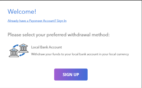 Options to log in or sign up for a Payoneer account within Playroll interface