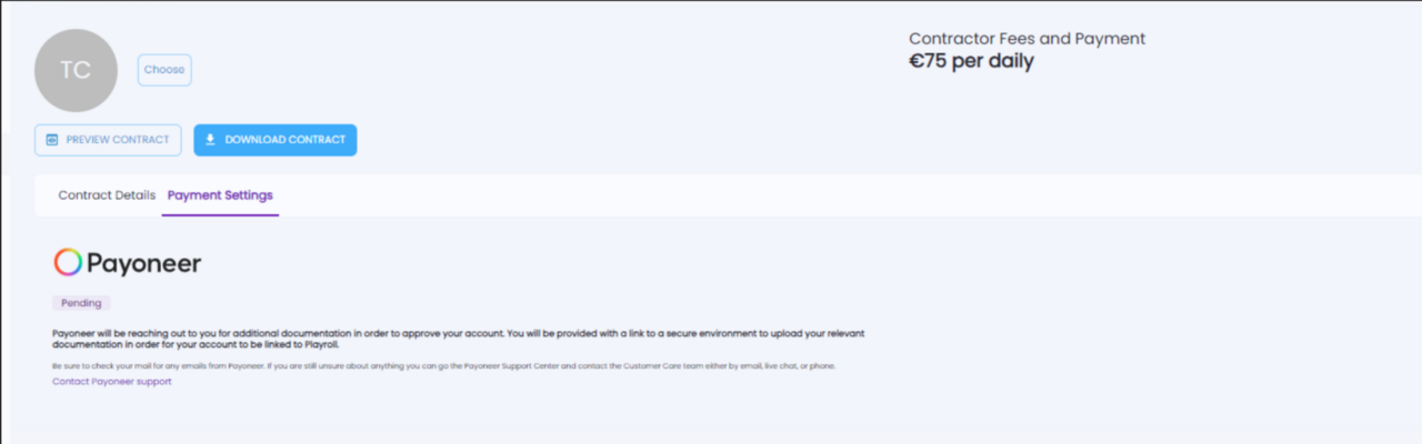 Payment settings screen showing Payoneer verification in progress