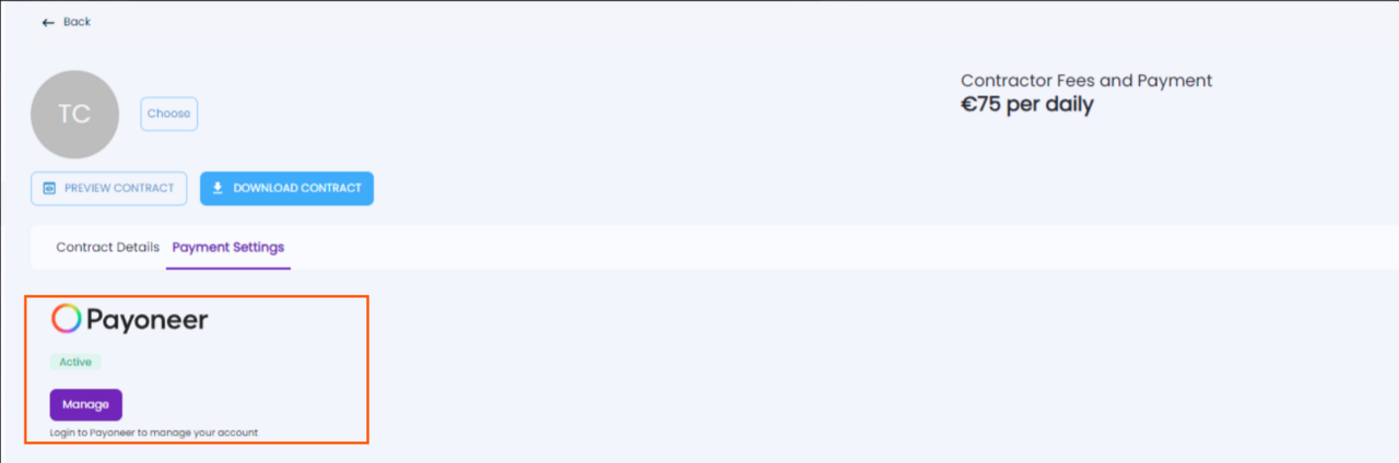 Screenshot showing an active Payoneer account status on the Playroll profile