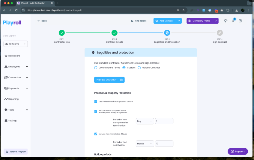 Selecting the custom option under contract details in Playroll