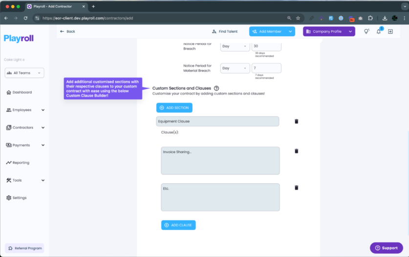 Interface for adding custom clauses to contractor agreement in Playroll