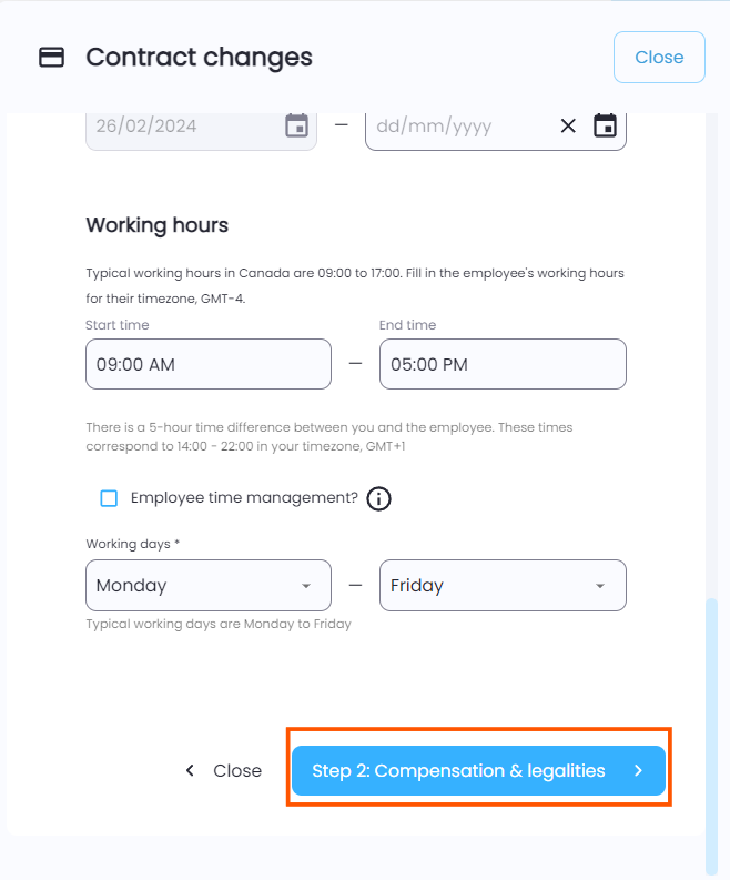 Compensation & legalities section of the contract update process