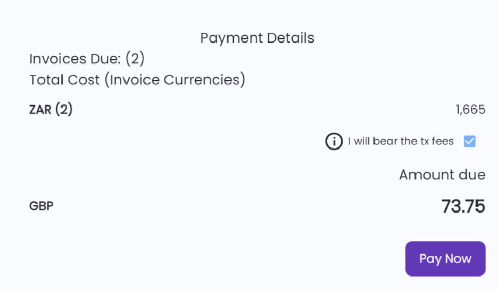 Payment review screen with invoice total and Pay Now button
