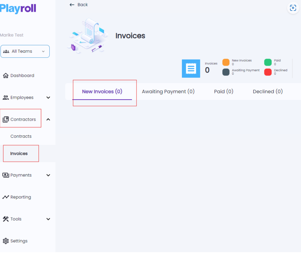 Contractors tab showing invoices section in Playroll portal