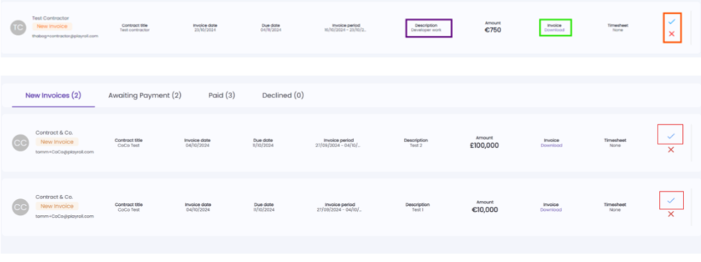 Invoice review interface showing description and upload with approve and decline options