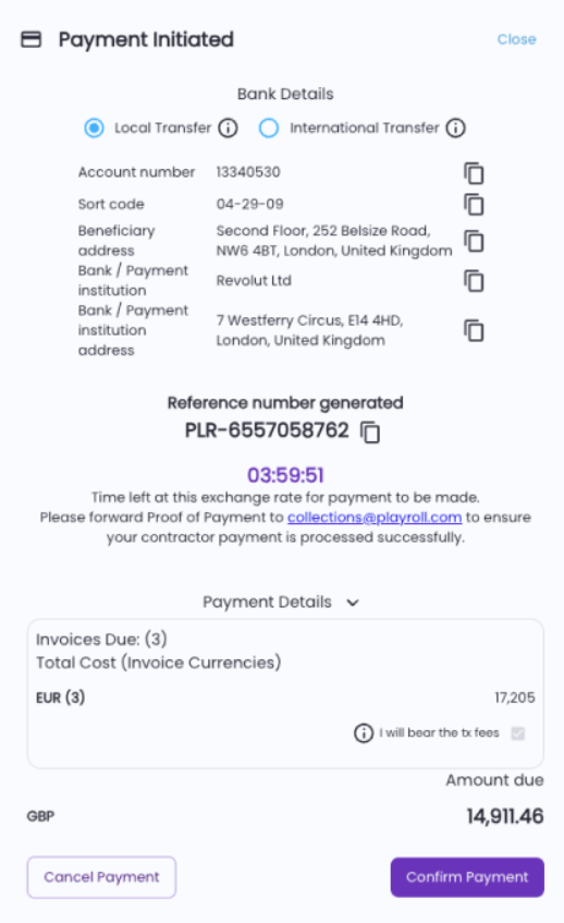 Confirmation window with exchange rate and final payment summary